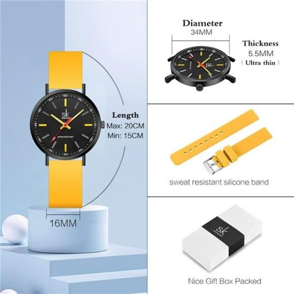 SK Ultra Thin Fashion Sport Sweatproof Women Watch, Silicone Band, Yellow